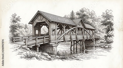 Rustic wooden covered bridge sketch over a river