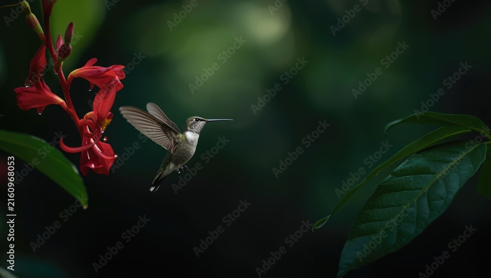 Naklejka premium Hummingbird Hovering Near Red Flowers in a Lush Green Setting