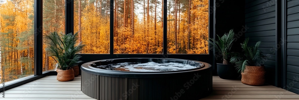 Fototapeta premium Elegant circular hydromassage hot tub on a modern terrace surrounded by a serene autumn pine forest.