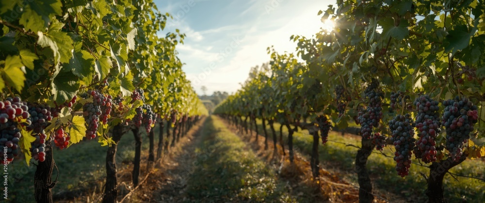 Naklejka premium Grapevines with Ripe Grapes under a Sunny Sky at Vineyard