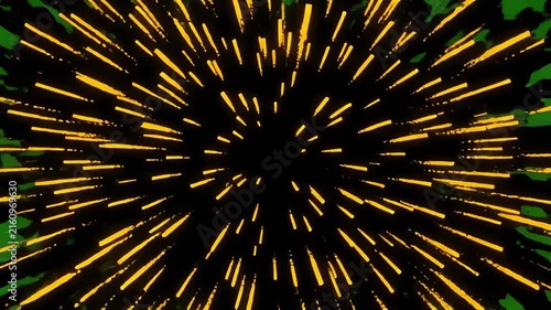 Golden Fireworks exploding in cinematic motion against a vibrant green background with dynamic camera movement