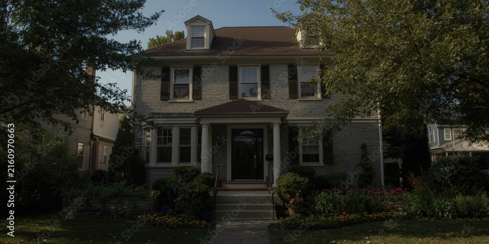 Fototapeta premium Charming Two-Story House Surrounded by Lush Garden and Trees on a Sunny Day