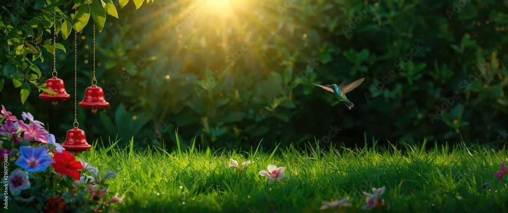 Naklejka premium Hummingbird Flying Near Red Feeders in Sunlit Garden with Flowers