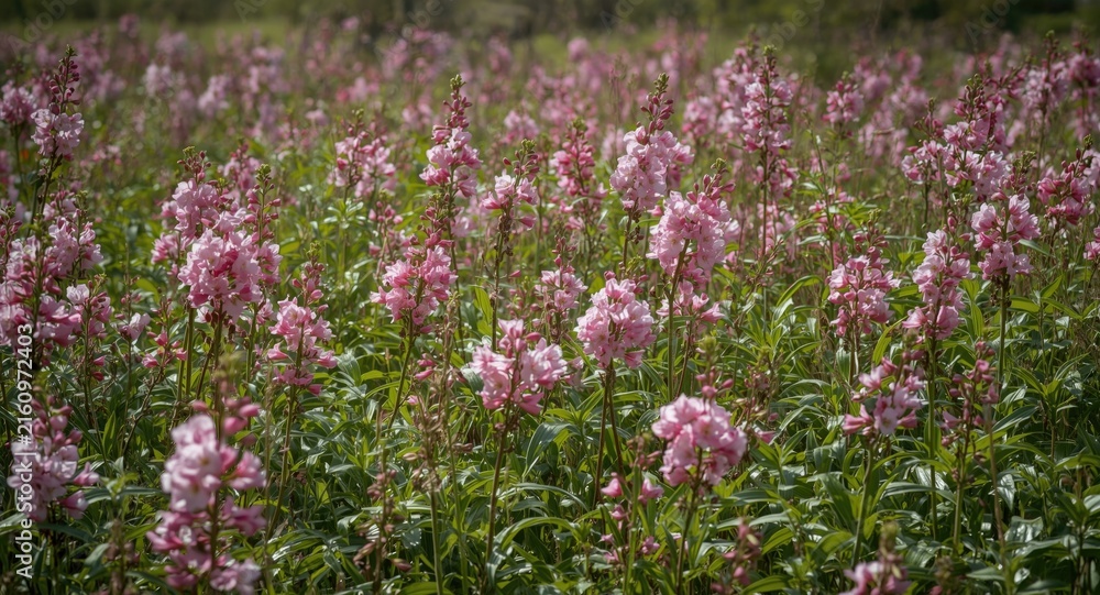Obraz premium Pink Flowers Blooming in a Lush Green Field Under Soft Daylight