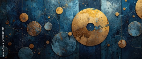 Abstract Circular Gold and Blue Design with Textured Background