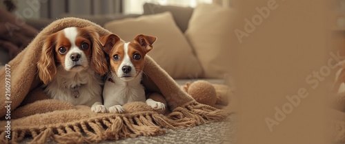 Cavalier King Charles Spaniel and Jack Russell Terrier Cuddling Under a Blanket in a Cozy Living Room