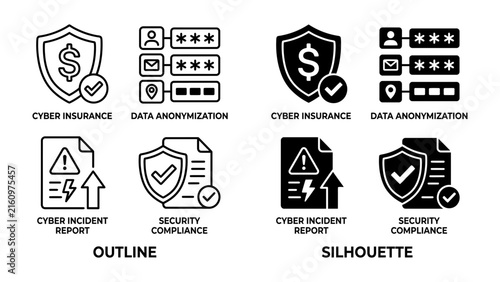 Cyber Security Icons: A collection of graphic icons representing cyber insurance, data anonymization, cyber incident reports, and security compliance, presented in both outline and silhouette styles.