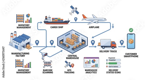 Global Supply Chain Logistics Infographic Showing Warehouse Distribution and Shipping Process