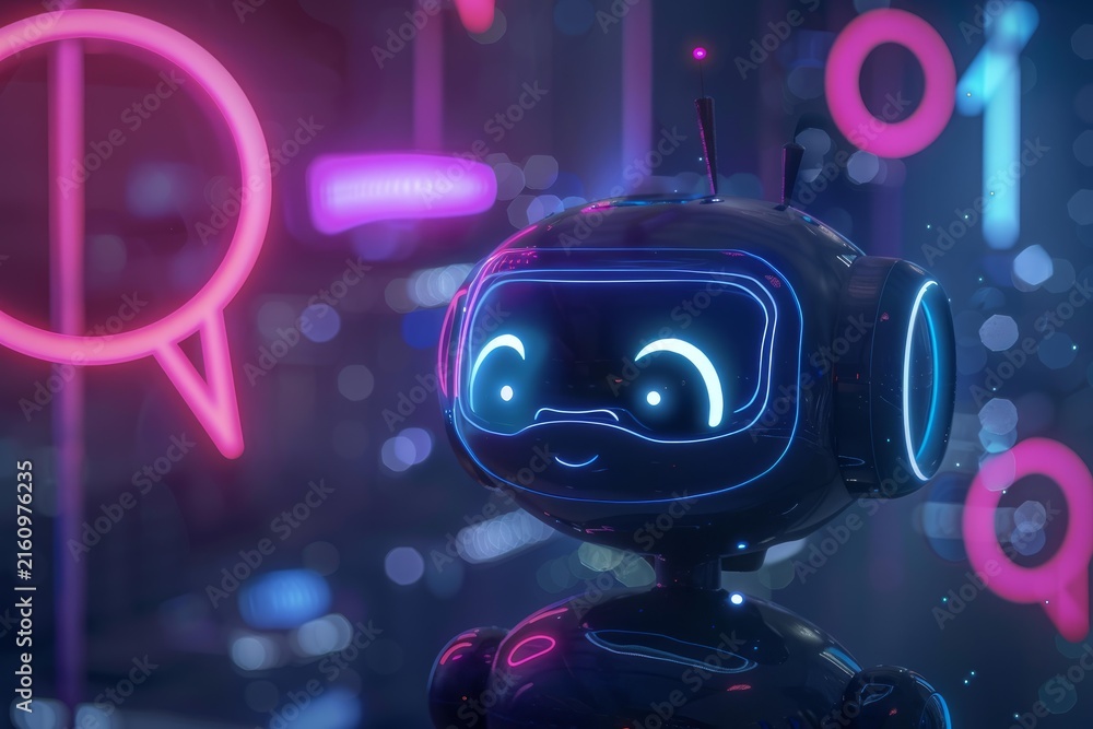 Fototapeta premium Cute artificial intelligence robot interacting with digital elements in a neon illuminated city