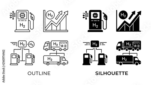 Hydrogen Energy Icons: A set of icons illustrating hydrogen fuel station, refueling truck, and growth chart, presented in both outline and silhouette styles, signifying clean energy transition.
