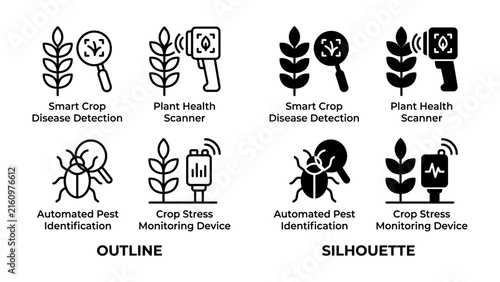 Smart Agriculture Icons: A set of modern icons illustrating smart agriculture technology, including disease detection, pest identification, and crop stress monitoring.