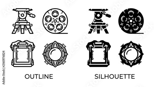 Set of Camera Icons: A collection of graphic icons representing filmmaking and photography equipment, presented in both outline and silhouette styles for versatility.