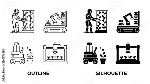 Smart Farming Icons: A collection of icons depicting smart farming technology, including robots, automated systems, and vertical farms, representing innovation in agriculture.