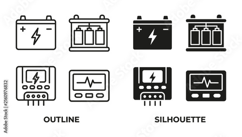 Car Battery and Charger Icons: A set of clean icons featuring car batteries in both outline and silhouette styles, accompanied by power chargers and a voltage meter display.