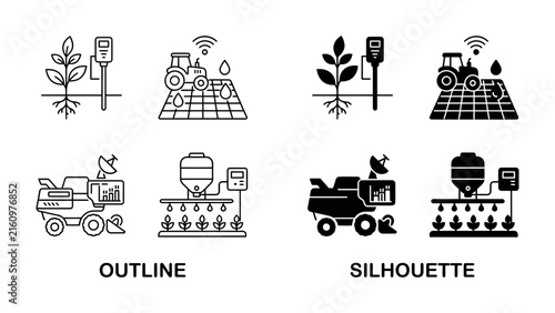 Smart Farming Icons: A set of outline and silhouette icons representing smart farming technologies, including sensors, a tractor with Wi-Fi signal, a drone, and an irrigation system.