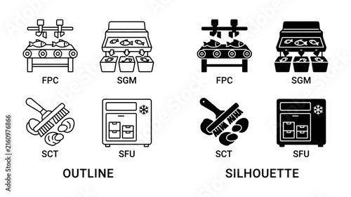 Food Production Process Icons: Two sets of icons, outline and silhouette, illustrate different stages of food production, including processing, packaging, and preservation.
