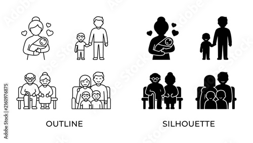 Canvastavla Family Icons: A set of stylized icons representing family units, showcasing different generations and compositions in both outline and silhouette forms