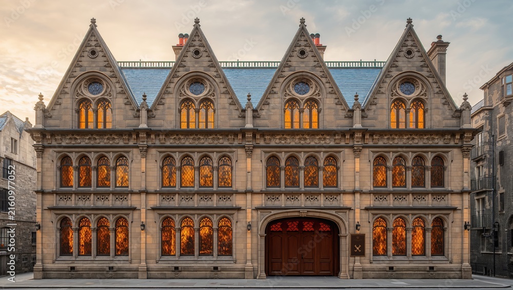 Obraz premium Historic Building with Intricate Architecture and Warm Sunset Glow