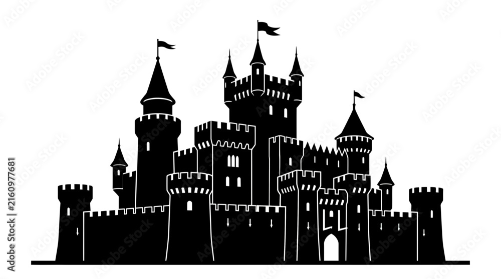 Fototapeta premium Detailed castle with multiple towers appears as a black silhouette