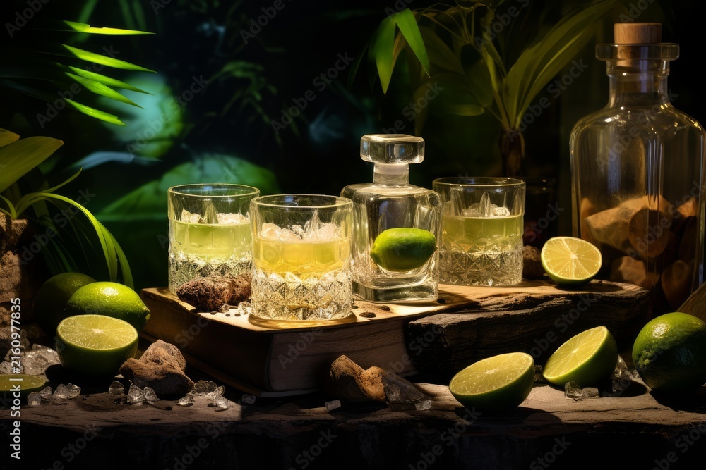 Fototapeta premium Crystal glasses filled with refreshing cocktails, lime wedges, ice, and a decanter create a tropical ambiance