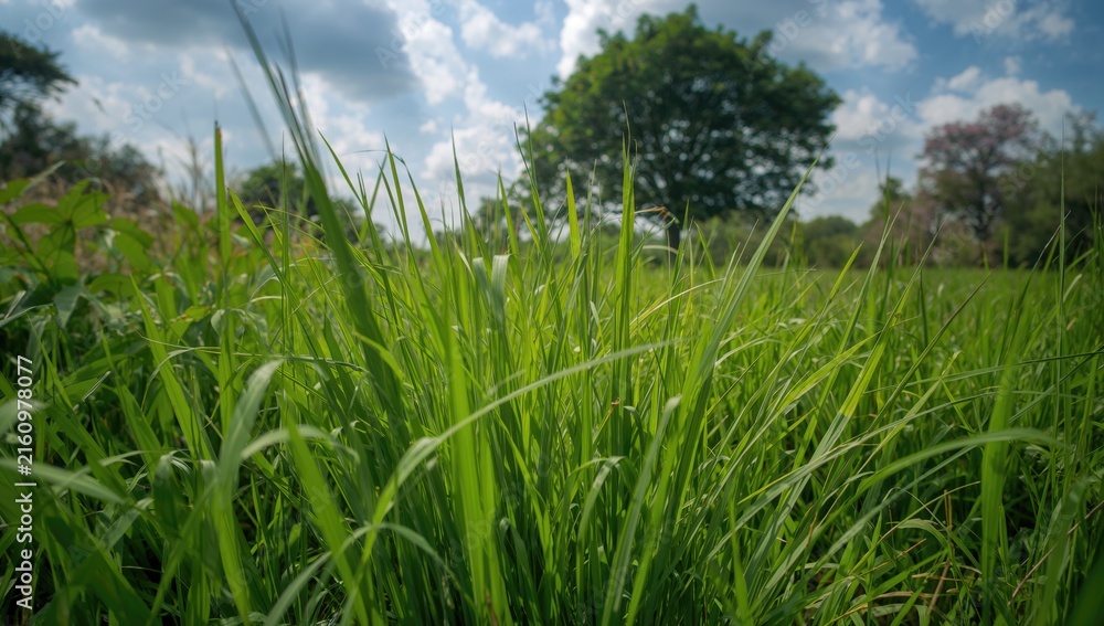 Fototapeta premium Lush Green Grass Closeup with Trees under a Bright Cloudy Sky