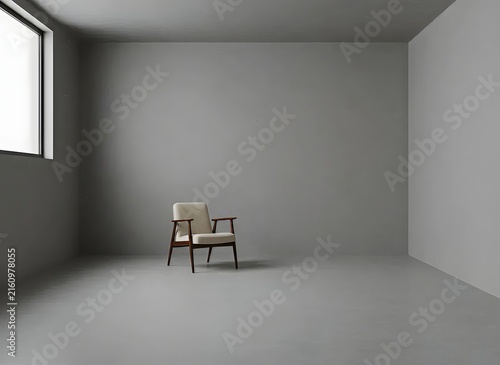 Minimalist gray empty room with a single chair and natural light.
