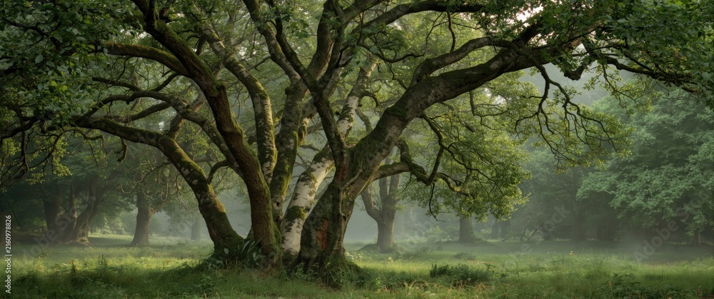 Naklejka premium Majestic Tree with Sprawling Branches in a Lush Misty Forest
