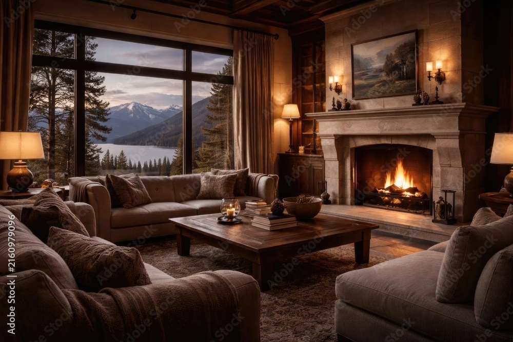 Fototapeta premium Cozy Living Room with Mountain View and Fireplace at Sunset