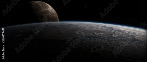 Plakat Planetary View from Space with a Distant Moon in Black Background
