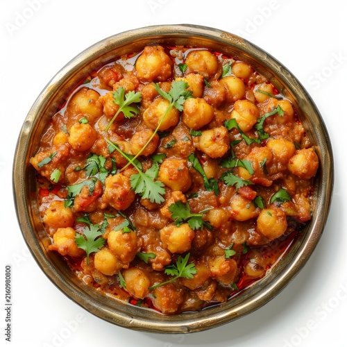 Spicy chana masala seasoned with coriander leaves served in a traditional indian bowl