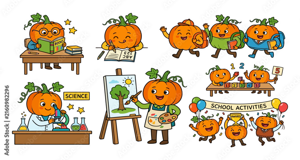Obraz premium Cute pumpkin characters engaged in various school activities learning reading science and art with character education learning painting classroom microscope illustration seasonal november