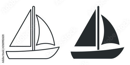 Sailboat yacht marine vessel outline and solid vector icon set with sailboat silhouette transport transportation