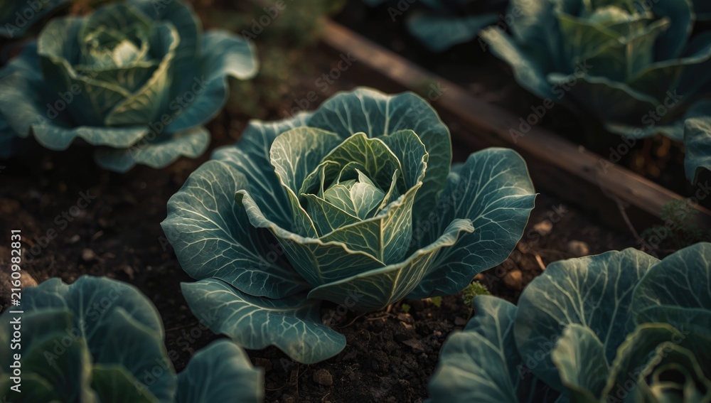 Obraz premium Lush Green Cabbage Growing in a Vegetable Garden at Sunset Light