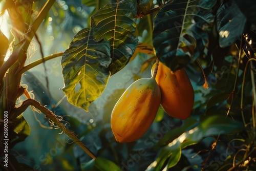 Two ripe papayas hanging from a tree branch, illuminated by the warm sunlight filtering through the lush foliage of a tropical rainforest