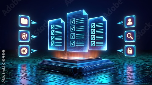 Glowing digital document icons with checkmarks above a processor unit, representing automated data processing.