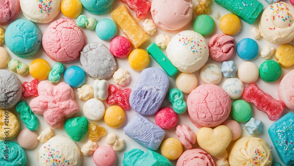 Fototapeta premium Colorful Assortment of Ice Cream and Candies on White Background