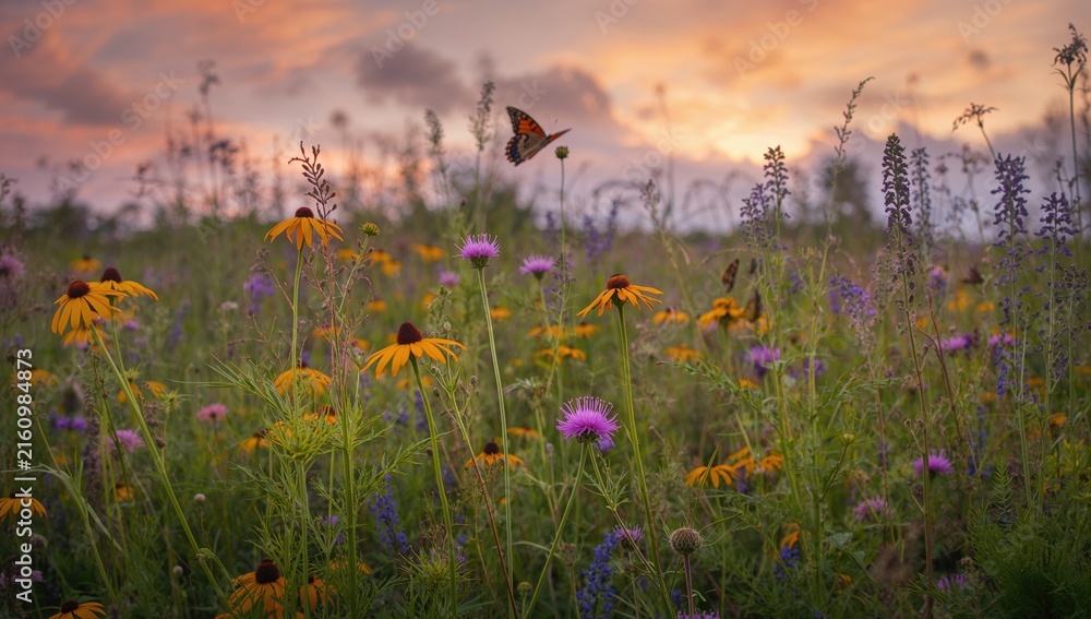 Obraz premium Butterfly Flying Over a Colorful Wildflower Field at Sunset