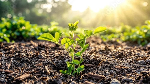 Young green seedling growing in rich soil under warm sunlight, symbolizing new growth, sustainable agriculture, gardening, and natural development., seedling