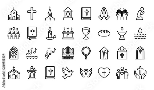 Foto Church and Christian worship monochrome outline icons with Bible cross prayer al