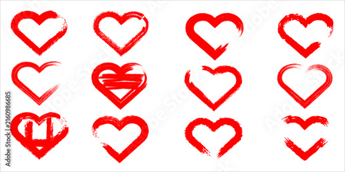 Collection of hand drawn red hearts in various styles on a white background