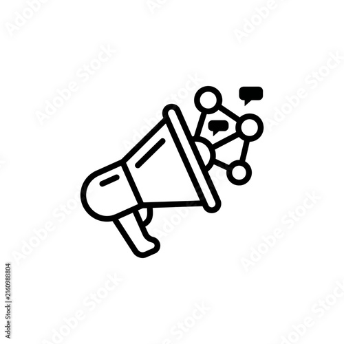 Megaphone line icon represents social media marketing, digital promotion, and network communication.