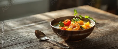 Obraz  z motywem Shrimp and Vegetable Salad in a Bowl on a Wooden Table with Natural Light