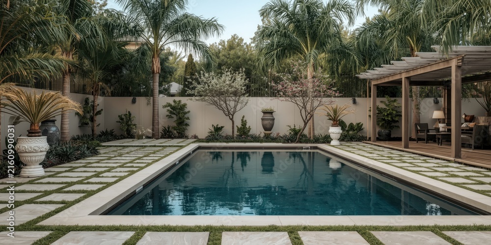 Naklejka premium Tropical Backyard Oasis with Swimming Pool and Lush Greenery
