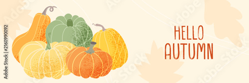 Hello Autumn horizontal web banner with textured pumpkins over subtle leaf silhouettes background. Fall harvest banner template for seasonal announcements and sales