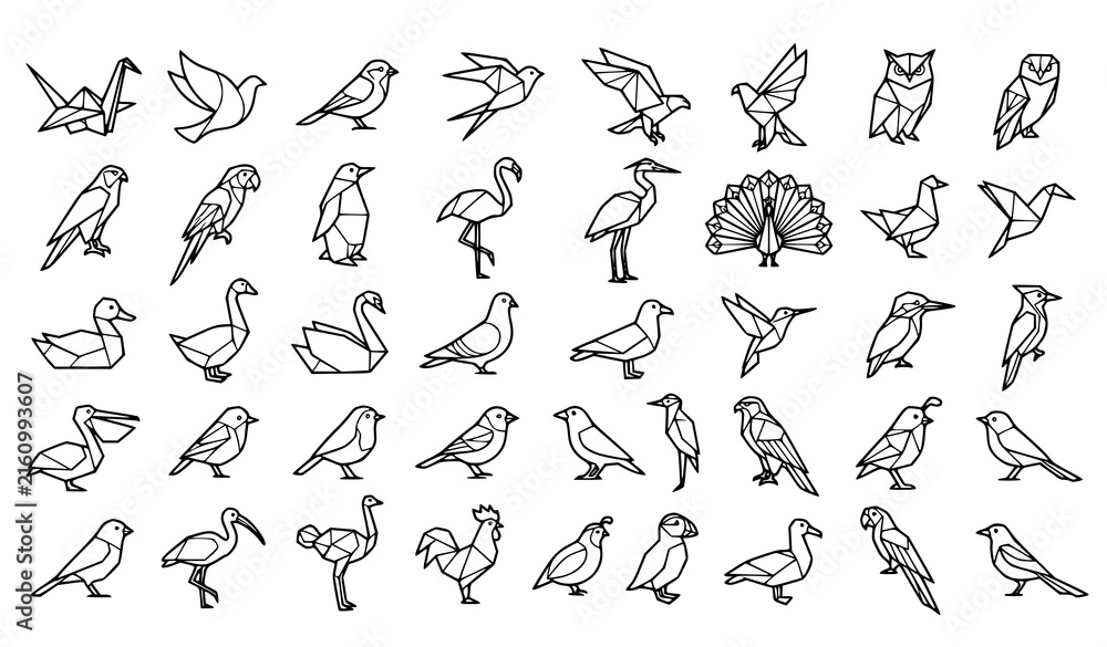Naklejka premium Origami Bird Set, Geometric Folded Paper Line Art Vector Collection
