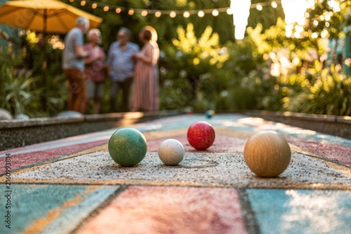 Colorful bocce balls rest on a court with blurred friends socializing in the warm evening light