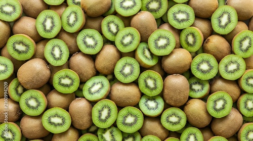 Fresh Kiwi Fruit Whole and Sliced Green Tropical Fruit Background