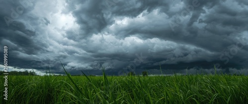 Dark Stormy Sky Over Lush Green Grassfield with Dramatic Clouds