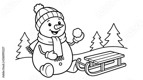 Foto A cute snowman coloring page featuring a happy character with a sled in a snowy
