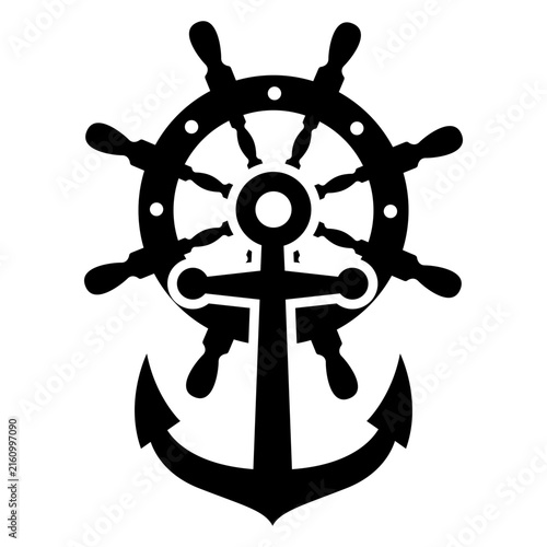 Logo nautical. Icono con dibujo sencillo de la silueta de  un ancla de barco por encima de un volante de timón estilo vintage